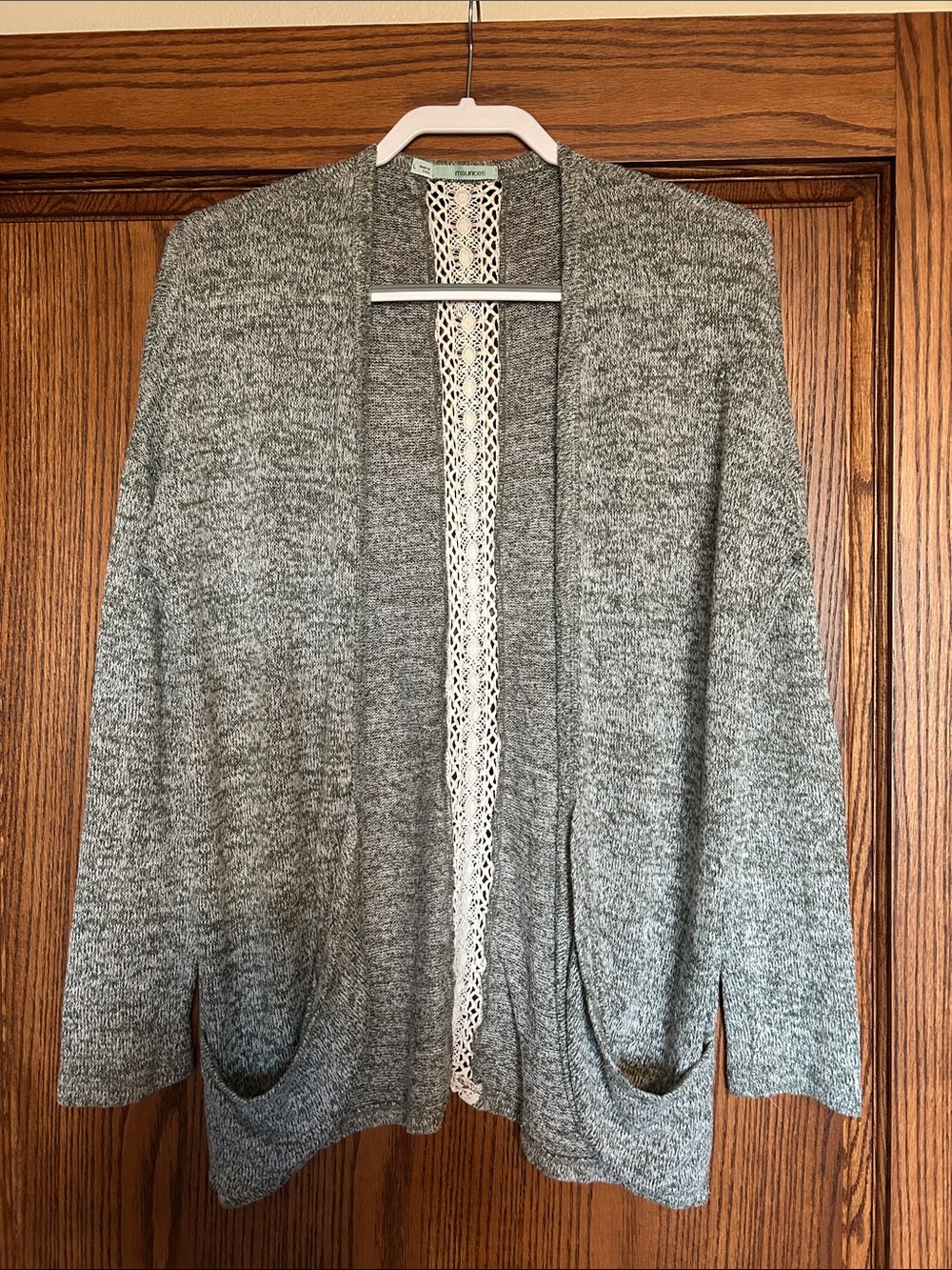 Heathered Green Open-Front Women's Cardigan Sweater with Lace Trim